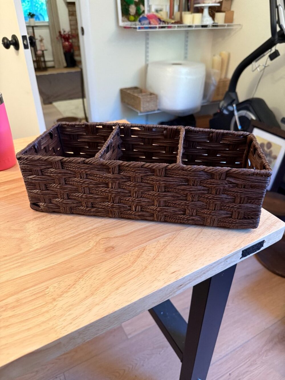 Toilet Tank Topper Paper Basket Woven Plastic Wicker & Metal Organizer Bin Brown